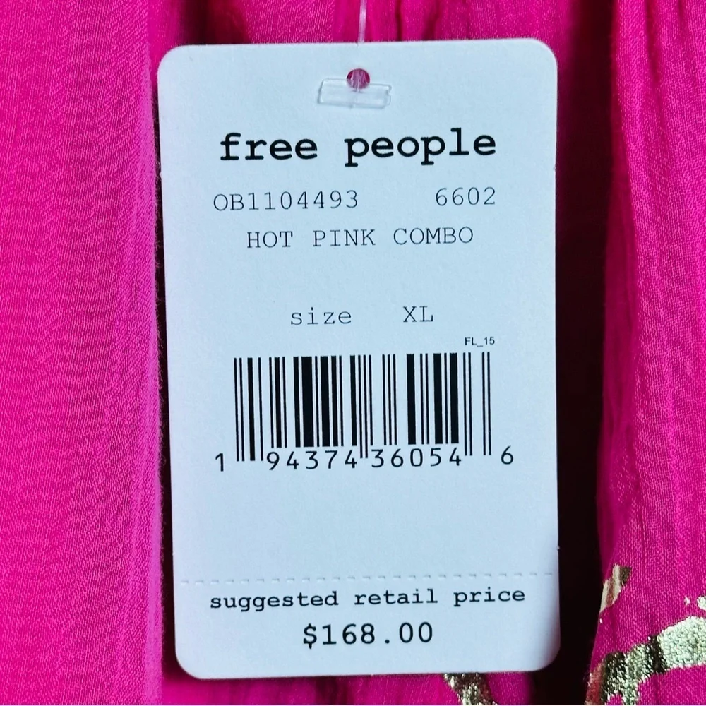Free People Baja Babe Midi Dress Hot Pink Combo Metallic Gold XL Floral Cotton - Picture 14 of 14